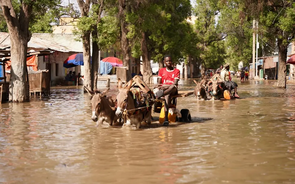Familien aus Beledweyne, Zentralsomalia sind wegen Hochwasser gezwungen, in höher gelegene Gebiete zu ziehen. | © UNICEF/UNI484831/Mumin Hochwasser folgen: Junge fährt mit Eselskarren durch überflutete Dorfstraße