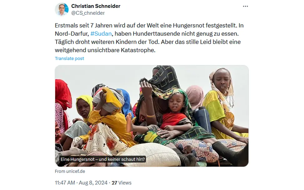 Tweet Sch Sudan Hunger Tweet von UNICEF-Geschäftsführer Christian Schneider