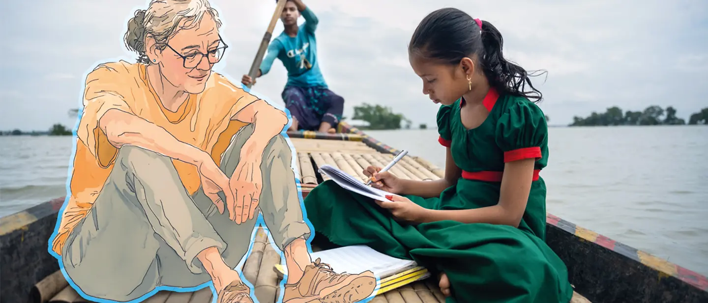 Skizzierte Frau auf Boot | © UNICEF Skizzierte Frau auf Boot