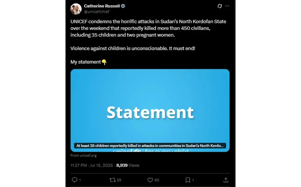 Post auf X | © Catherine Russell X Post ED Russell_15072025