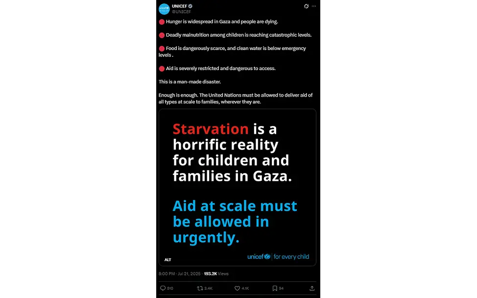 Post von UNICEF zur Lage der hungernden Menschen in Gaza Post von UNICEF zur Lage der hungernden Menschen in Gaza