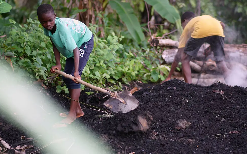 Kinder in Sierra Leone beim Verarbeiten von Holzkohle. | © UNICEF/Songa Kinderarmut spenden: Kinder in Sierra Leone beim Verarbeiten von Holzkohle.