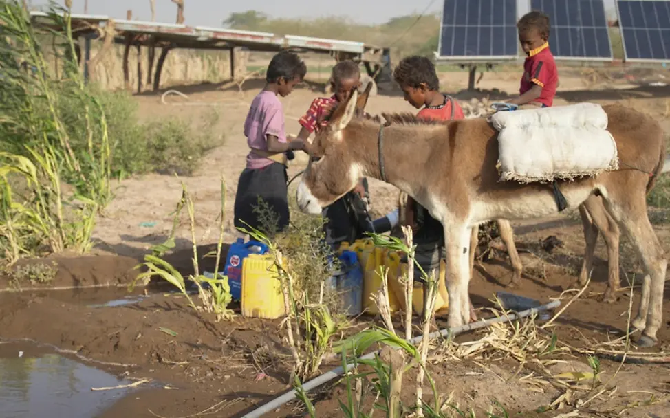 Kinderholen Wasser aus einer Wasserstelle in der Nähe ihres Hauses. | © UNICEF/Al-Zeiadi Kinderholen Wasser aus einer Wasserstelle in der Nähe ihres Hauses.
