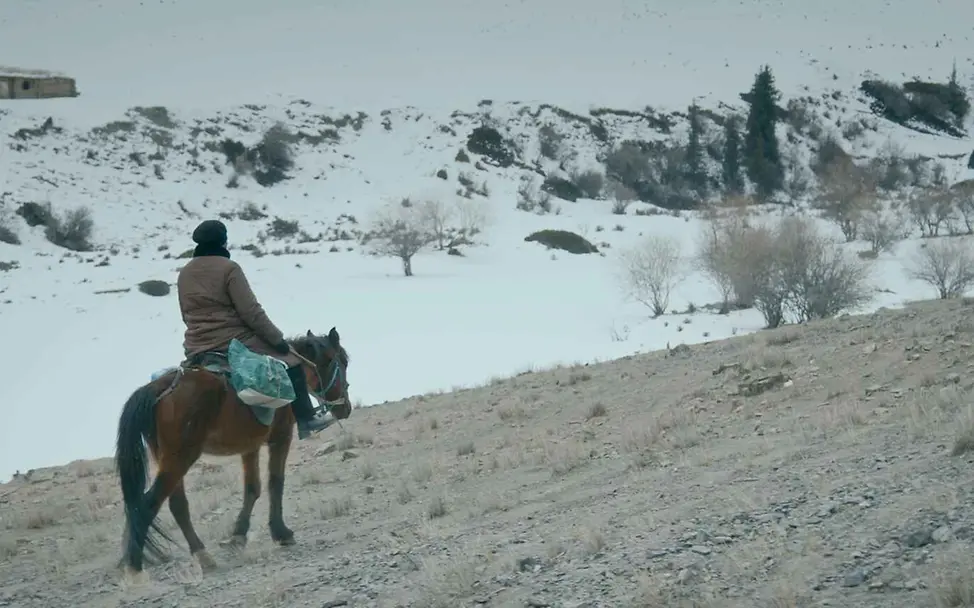 UNICEF-Helfer*innen und lokale Gesundheitshelferinnen leisten unverzichtbare Arbeit vor Ort | © UNICEF Warum impfen: Eine Gesundheitshelferin reitet durch eine verschneite Landschaft.