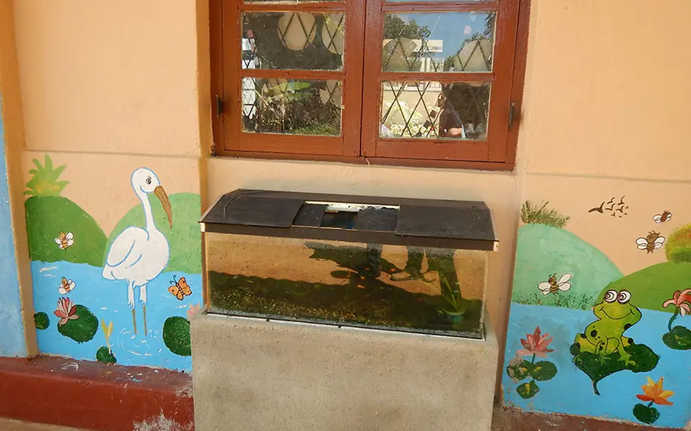 Aquarium vor dem Schulgebäude. | © UNICEF DT/2015/Beate Jung Sri Lanka: Aquarium vor dem Schulgebäude.