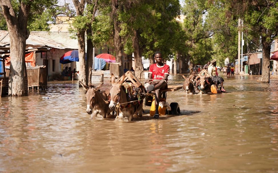 Familien aus Beledweyne, Zentralsomalia sind wegen Hochwasser gezwungen, in höher gelegene Gebiete zu ziehen.